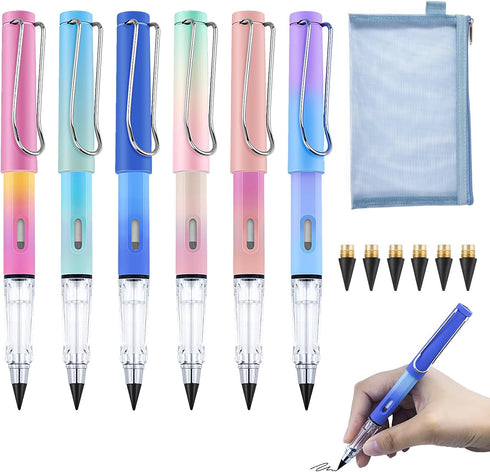 6 PCS Infinity Pencil with Pencil Case and Eraser, Infinity Eternal Pencils, Everlasting Pencils with 6 Replaceable Nibs for Writing Drawing Stude...