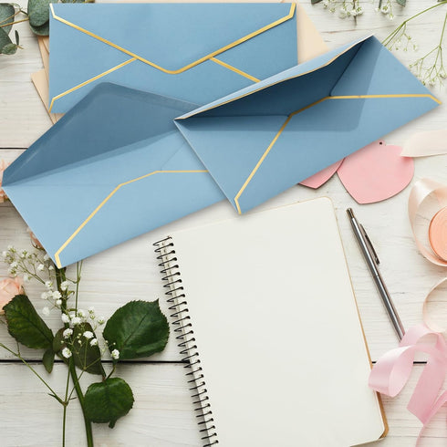 Whaline 50Pcs Business Envelopes with Gold Border Dusty Blue Mailing Envelopes V-Flap Envelopes for Invitations Mailing Letters Checks Sending Car...