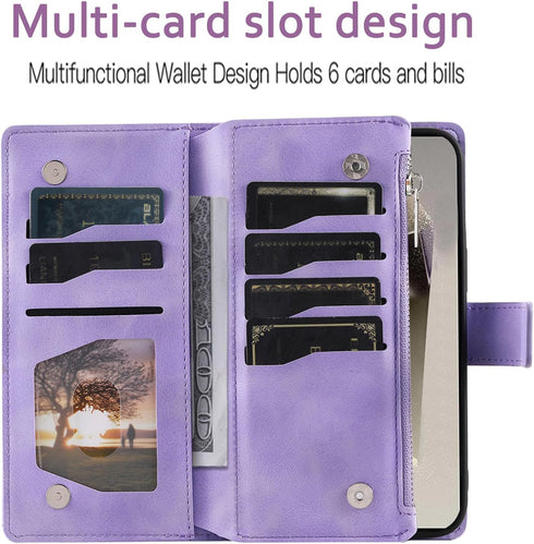 Phone Case for Samsung Galaxy S24 Ultra 5G Wallet Cover With Tempered Glass Screen Protector and Wrist Strap Mandala Flower Flip Zipper Card Holde...