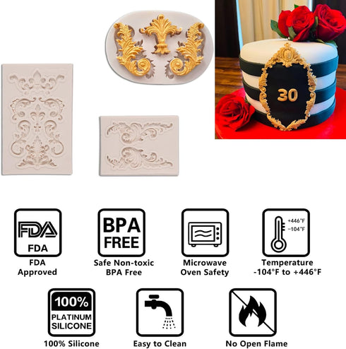 Baroque Silicone Fondant Molds, (4 Pack) Scrolls Border Feather Crown Corner Molds for Cake Decorating Polymer Clay...