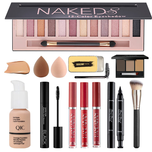 All in One Makeup Kit for Women Full Kit, Includes 12 Colors Naked Eyeshadow,Liquid Foundation, Lipstick Set, Mascara, Makeup Brush, Makeup Sponge...