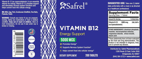 Safrel Maximum Strength Vitamin B12 5000 mcg, Dietary Supplement for Energy, Metabolism and Nervous System Health Support, Vegan, Gluten Free and ...