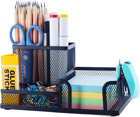 M&G Mesh Pen Holder Desk Organizers Pencil Holder for Desk Black, 3 Compartments Metal Office Supply Organizer with Sticky Notes Holder for School...