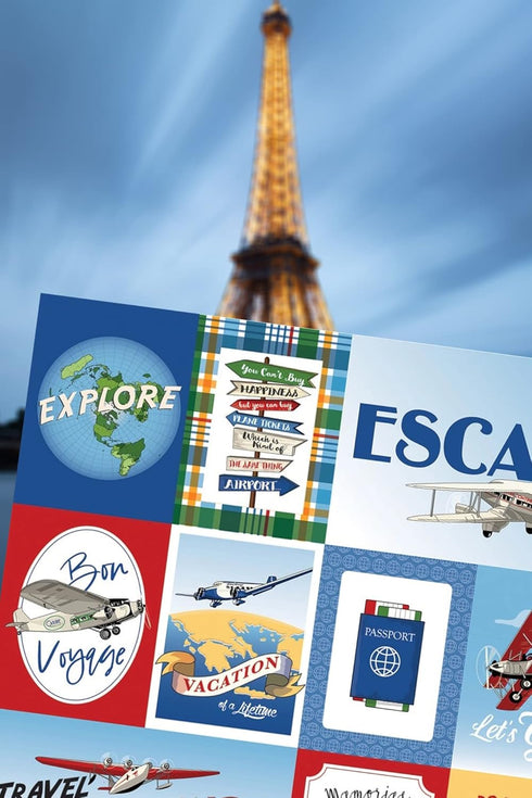 Travel Scrapbook Paper 12x12 - World Map Scrapbook Paper with Plane, Stamp, Luggage Design | Vacation Scrapbook Paper for Scrapbooking, Photo Albu...
