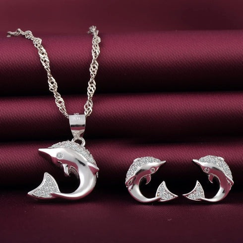 Yumilok Zircon Dolphin Necklace And Earring Sets for Women Jewelry Sets Sterling Silver Ocean Animal Stud Earrings Pendant Necklace Teen Friend Mo...