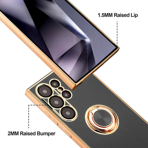 Shockproof Case for Samsung Galaxy S24 Ultra, with 360° Rotatable Ring Holder Magnetic Kickstand, Plating Rose Gold Edge Slim Soft Protective Cove...