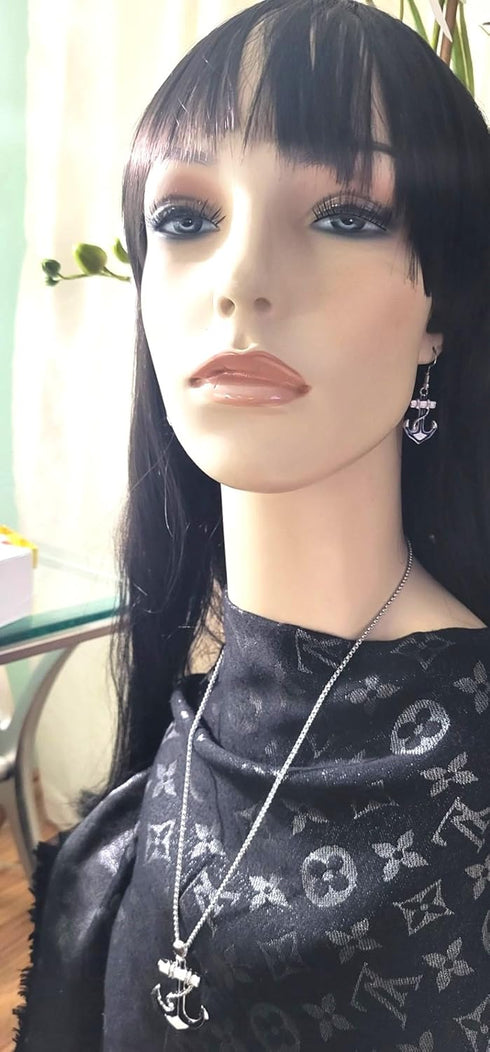 Silvertone Nautical Anchor Pendant Necklace and Earring Set 24" Chain...