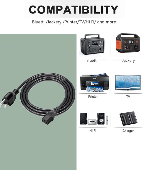 Fast Charging Cable Compatible with Bluetti EB3A, Jackery Explorer 2000, Ecoflow Delta, Portable Power Station Power Cord Universal AC Cable......
