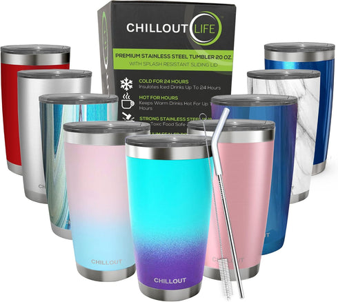CHILLOUT LIFE 20 oz Stainless Steel Tumbler with Lid - Double Wall Vacuum Insulated Coffee Mug with Splash Proof Lid and Straw for Hot & Cold Drin...
