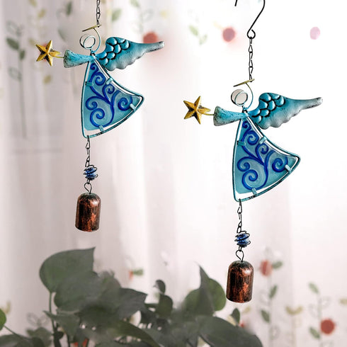 MrMrKura Metal Angel Wind Chime Hanging Decoration Ornament Bells Wing Angel Bell Decorative Hanging Bells, Gifts for Home Garden Decor Crafts (Bl...
