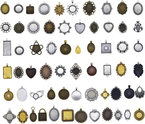 Julie Wang 40PCS Antiqued Bronze Silver Bezel Tray Pendant Blanks Base Charms for Resin Mold Setting Photo Necklace Jewelry Making No Duplicates...