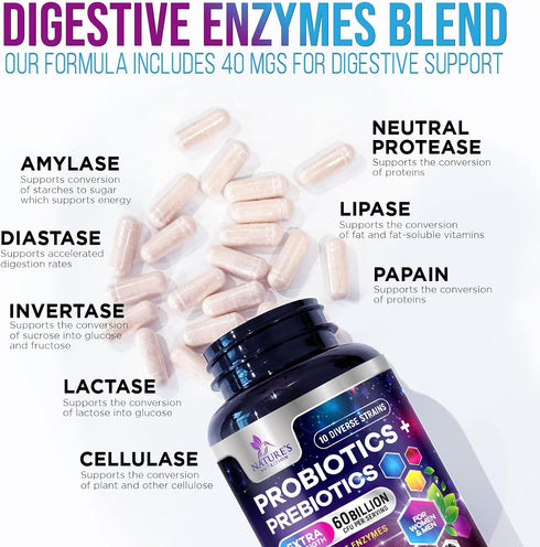 Daily Probiotic and Prebiotic Supplement 60 Billion CFU Capsule for Women & Men - 10 Diverse Strains - Acidophilus Prebiotics & Probiotics for Dig...