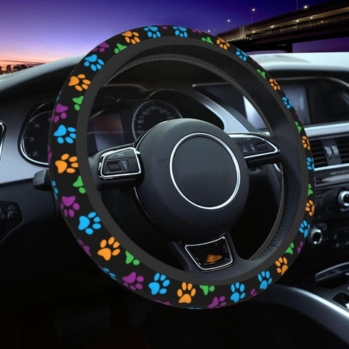 Paw Print Steering Wheel Cover Anti-Slip and Practical 14.5-15 Inch Universal Car Steering Wheel Cover with 2 Pieces Car Coasters Suitable for Men...
