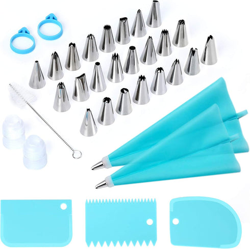 34Pcs Piping Bags and Tips Set, Bake Cake Decorating Kit with 24 Stainless Steel Tips, 2 Reusable Silicone Pastry Bags, 3 Icing Smoother, 2 Couple...