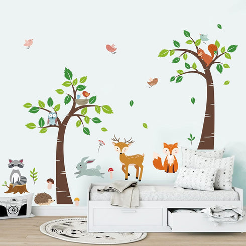 decalmile Woodland Animals Trees Wall Decals Deer Fox Owl Wall Stickers Kids Bedroom Baby Nursery Wall Decor...