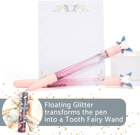 Tooth Fairy Wand Pen & Notepad Set - Perfect Addition to A Tooth Fairy Kit Includes 2 Floating Glitter Pens & 1 Tooth Fairy Paper Pad- Tooth Fairy...