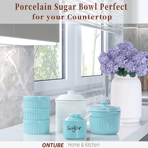 ONTUBE Ceramic Sugar Bowl with Lid and Spoon,Porcelain Sugar Pot,8oz (Turquoise)...
