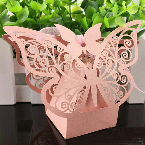 Auto-plaza 50 Pieces Butterfly Laser Cut Favor Boxes DIY Wedding Birthday Gift Candy Boxes with Ribbons (Pink)...