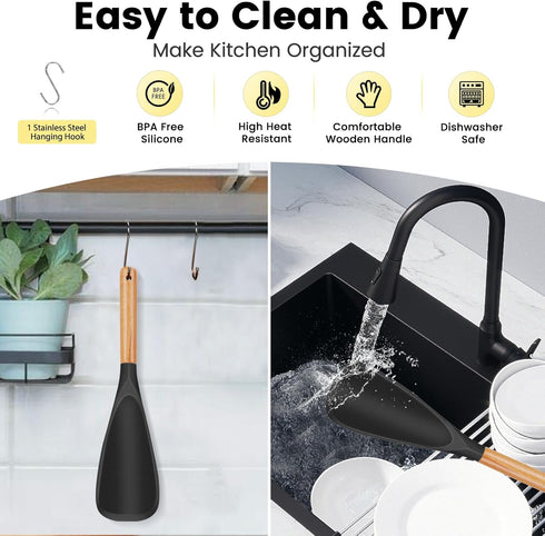 Large Silicone Cooking Spoons Set, Heat Resistant Big Serving Spoon, Nonstick Kitchen Long Spatula with Wooden Handle, Dishwasher Safe Cookware fo...