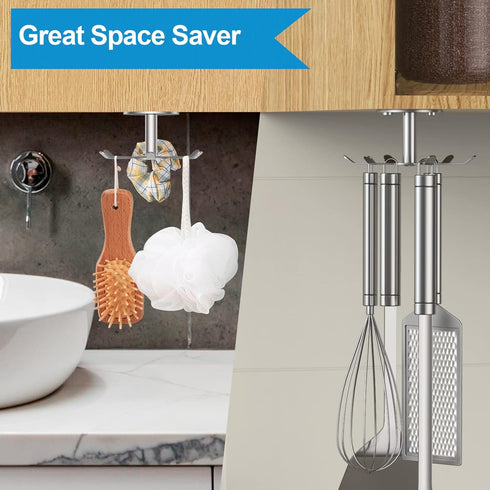 2pcs Under Cabinet Hooks Rotating Kitchen Utensil Holder 304 Stainless Steel Adhesive Utensil Hanging Rack for Kitchen Utensils/Tools/Towel/Knife(...