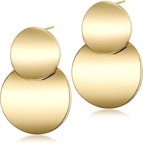 Gold Hoop Earrings Double Layered Disc Drop Fashion Earrings 14K Gold Plated Polished Stainless Steel Earrings Jewelry (Double Disc Drop Earrings ...