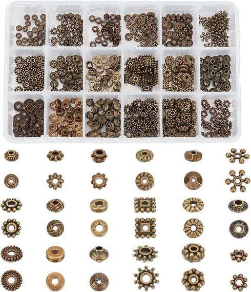 PH PandaHall 540pcs 18 Styles Spacer Beads, Antique Bronze Tibetan Alloy Jewelry Beads Bicone Flower Metal Spacers for Bracelet Necklace Jewelry M...
