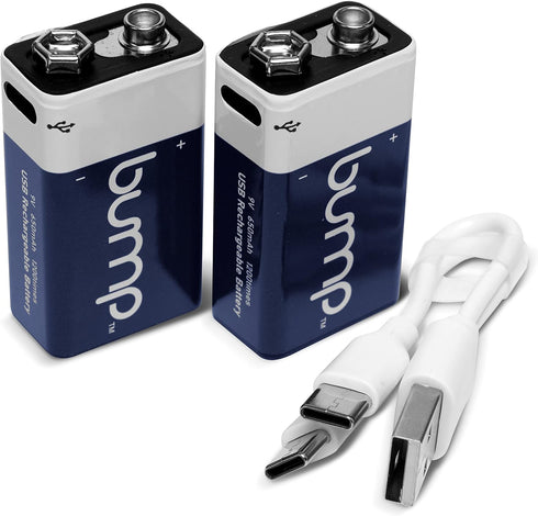 bump 9 Volt Rechargeable Batteries - 2 Pack - Lithium Ion, High Output, Fast & Long Lasting USB Charge, Use w/Smoke Alarms/Detectors, Transistor R...