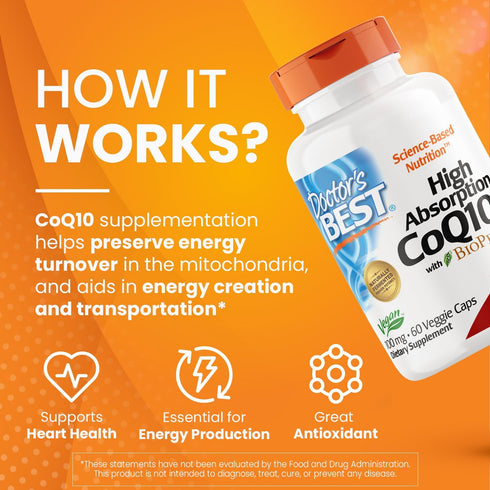 Doctor's Best High Absorption CoQ10 with BioPerine, Vegan, Gluten Free, Naturally Fermented, Heart Health & Energy Production, 100 mg 60 Veggie Ca...