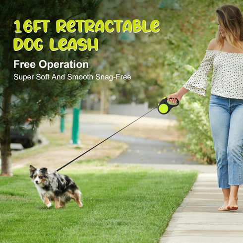 Dog Retractable Leash with Nylon casing for Dog up to 77 lbs; 16 ft Polyester Tape; The Eagle Mouth Bionics Design Rope Outlet and Tangle-Free;(Bl...