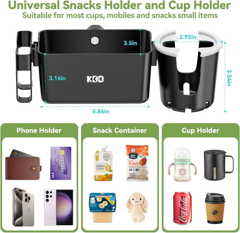 KDD Stroller Cup Holder with Snack Tray, 3-in-1 Universal Stroller Tray with Phone Holder, Removable Drink Holder, 360 Rotation Tray Attachment fo...