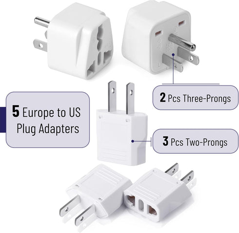 Bates- Europe to US Plug Adapter, 5 Pack, (Type A & B), European to US Plug Adapter, EU to US Plug Adapter, Adapter Europe to USA, Plug Adapter Eu...