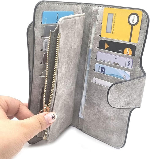 Soft PU Leather Trifold Women's Fashion Wallets Card, Coin Organizer Buckle Opening Lady Clutch (Gray)...