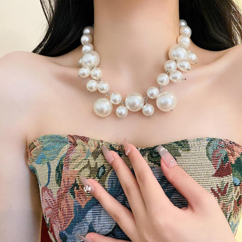 Gold Chunky Necklace Big Pearl Choker Necklaces for Women Silver Chunky Necklace Pearl Statemen Necklace Chunky Necklace Bride Wedding Jewelry...
