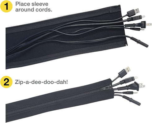 Zipper Cable Sleeve by Wrap-It Storage - 24" x 4" (4-Pack) Black - Cord Organizer and Cable Protector for Desk, Computer, TV Cord Management to Hi...