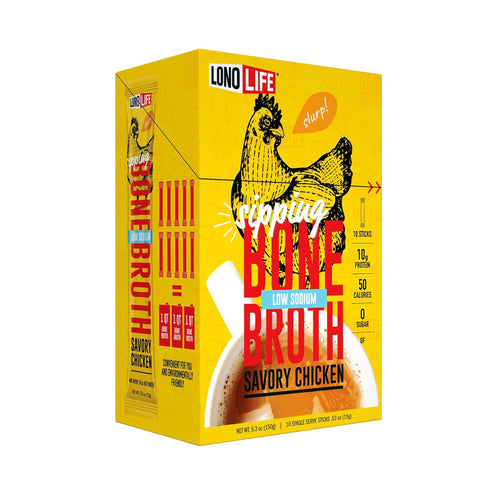 LonoLife Reduced Sodium Chicken Bone Broth Powder Mix | 10g Protein | Collagen-Rich, Keto & Paleo Friendly | Natural Ingredients | 10 Portable Sti...