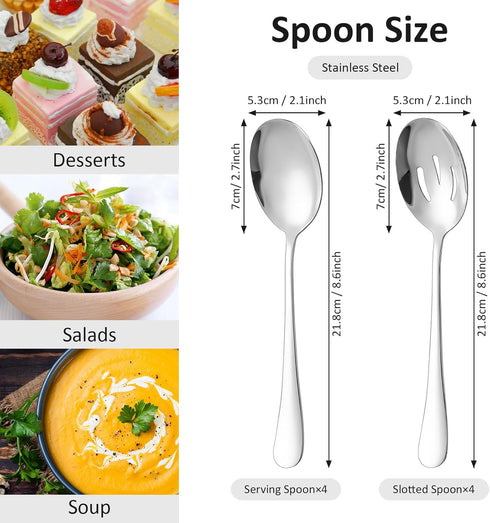 8 Pack Serving Spoons Set - Includes 4 Serving Spoon and 4 Slotted Spoon, 8.6" Stainless Steel Buffet Serving Utensils for Party Banquet Cooking K...