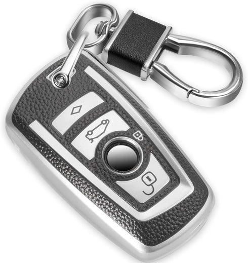 for BMW Keychain with Leather Keychain, Advanced Soft TPU Surface Grain Key Fob Holder for Classic Style BMW Smart Key(Silver)...