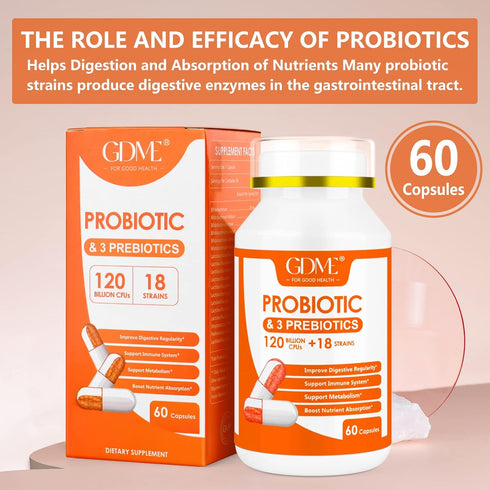 Probiotic Capsules, 60 Capsules 120 Billion CFU 18 Strains, Contains 3 Prebiotics, for Men & Women, Once Daily Probiotic Dietary Supplement, Boost...
