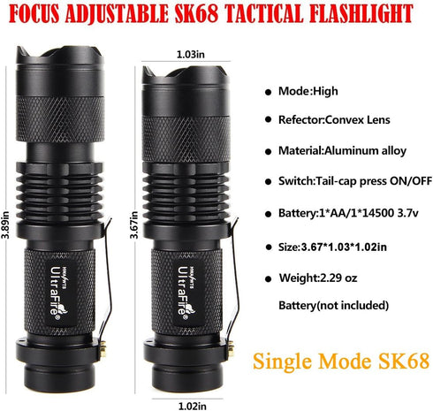 ULTRAFIRE 3 Pack Mini Flashlights Focus Adjustable SK68 Single Mode Tactical LED Flashlight, Ultra Bright 300 Lumens Torch...