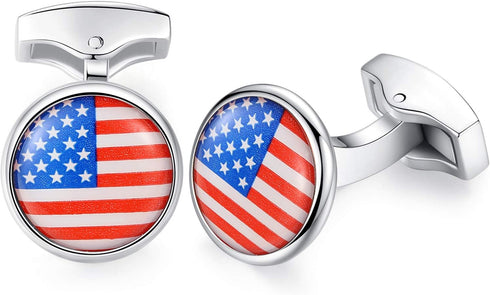 HONEY BEAR American USA Flag Cufflinks Mens Steel for Business Wedding Gift (Round)...