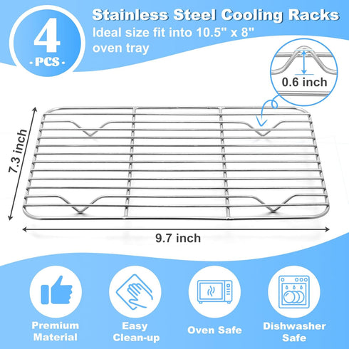 P&P CHEF Baking Cooling Rack Set for Cooking Roasting, 4-Piece Stainless Steel Wire Racks for Oven Use, Healthy & Dishwasher Safe, Rectangle, 9.7 ...
