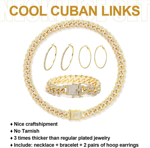 FUNOJOY Cuban Link Chain Jewelry Sets for Women Rhinestone Hoop Earrings Necklace Bracelet Set Bling Diamond Hip Hop Jewelry for Women Girls...