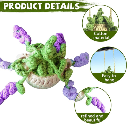 Crochet Hanging Plant for Car Cute Crochet Hanging Basket Flower Ornament Accessories Rearview Mirrior Handmade Knitted Lovers Gifts (Purple Wiste...