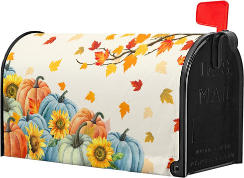 Fall Thanksgiving Mailbox Covers Magnetic Standard Size 18"" X 21"",Orange Blue Pumpkin Maple Leaf Sunflower Mailbox Wraps Post Letter Box Cover f...