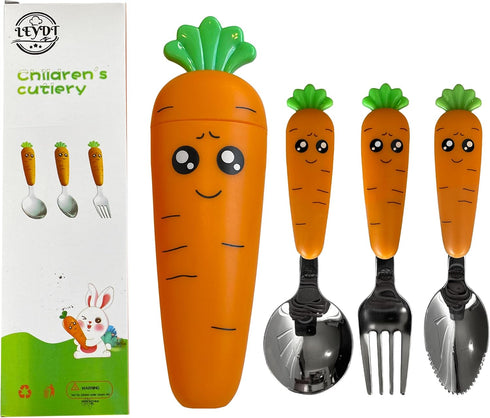 Baby Spoons with Fork | 3 Pcs Easy Grip Baby Cutlery Set with Case | Stainless Steel Toddler Utensils | Carrot Shaped Kids Silverware | Children's...
