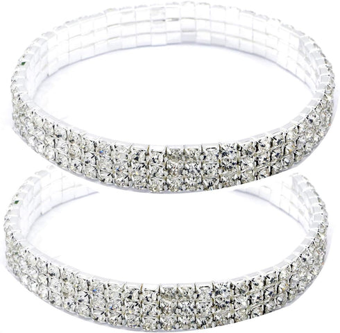 Women Rhinestone Stretch Ankle Bracelet Silver Sparking Tennis Bracelet Crystal Anklet Foot Chain Jewelry (3 Row - 2pcs)...