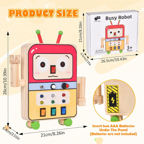 Montessori Toddler Busy Board, Baby Wooden Robot Busy Board with 8 LED Light Switches, Sensory Toys Activity Board for Fine Motor Skills, Travel T...