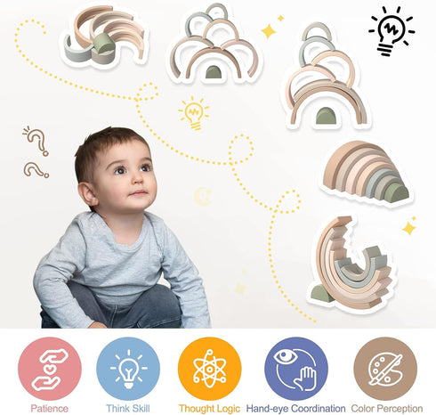 MCGMITT Rainbow Stacking Toy, Silicone Rainbow Stacker for Toddlers, Montessori Nesting Blocks, Building Creative Color Shape Matching Toy Set, 7 ...