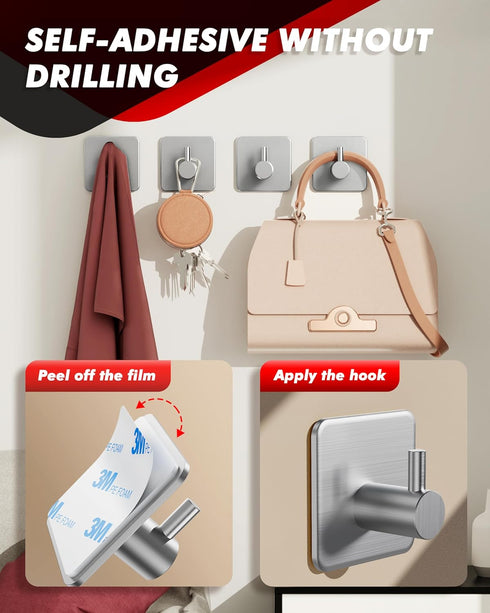 Adhesive Hooks Heavy Duty 22lb(Max) Wall Hooks, 5 Pack Self Adhesive Damage Free Utility Hooks Stainless Steel for Towel Coat Robe, Waterproof Oil...