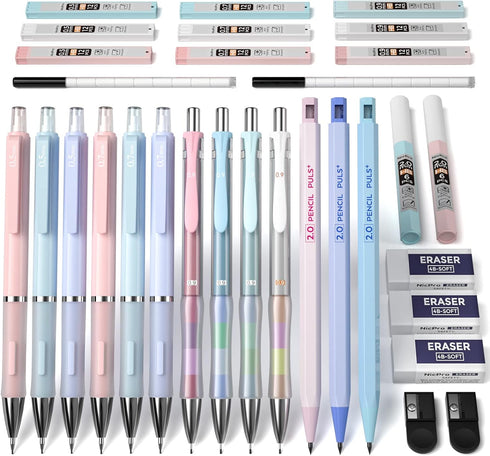 Nicpro 31PCS Pastel Mechanical Pencil Set in Case, Cute Art Pencils Bulk 0.5 & 0.7 & 0.9 mm & 2mm Graphite Lead Holder, (2B HB) Lead Refills, Eras...